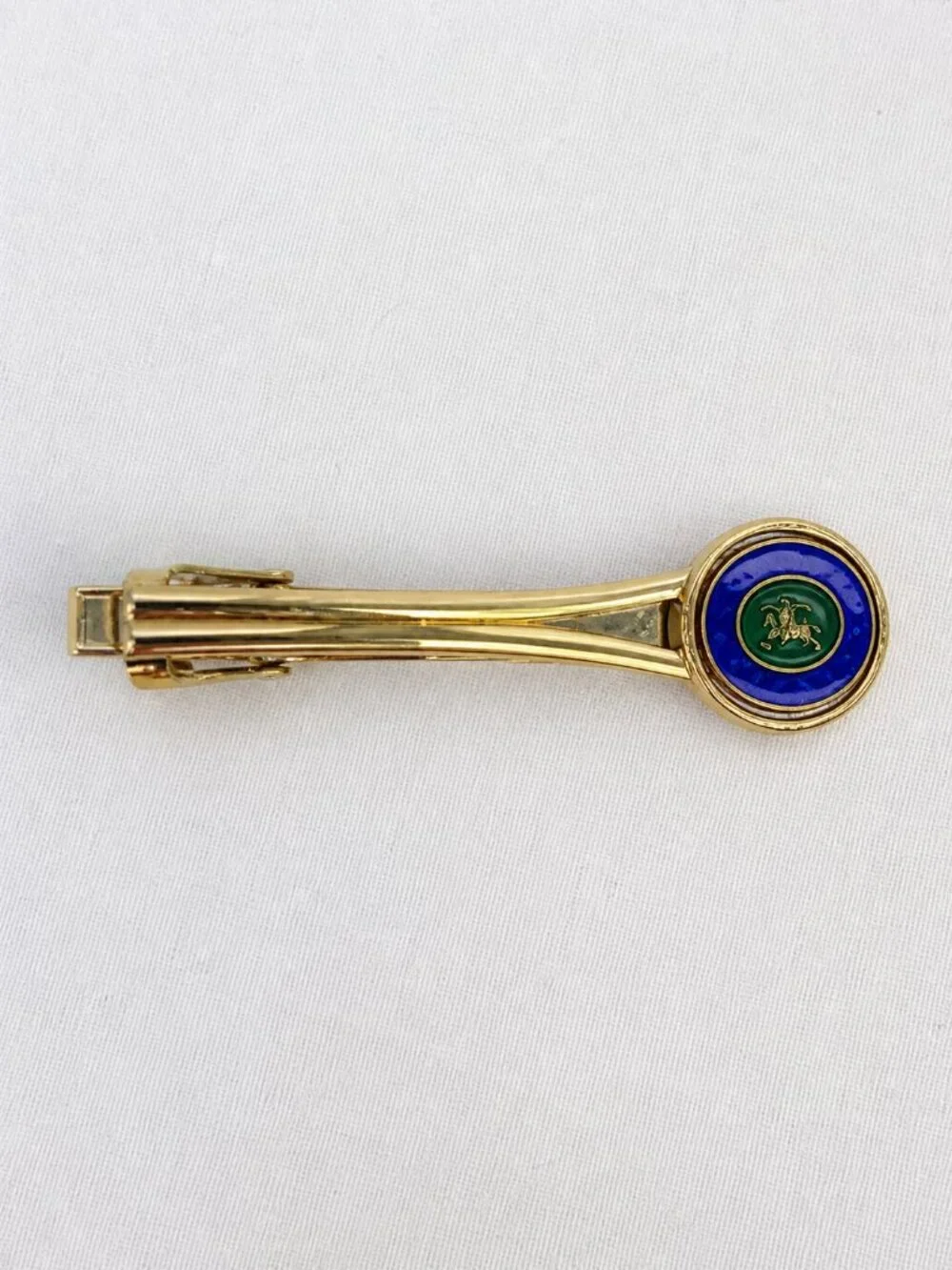 Burberrys Gold Tone Tie Bar Blue Enamel Equestrian Medallion